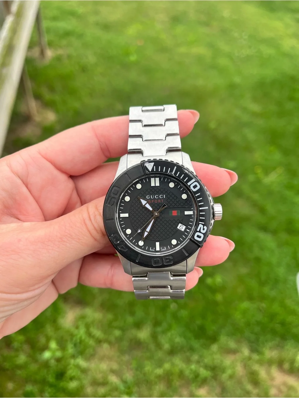 Gucci G-Timeless Sport Stainless Steel Black Dial Watch with Red-Green Accent